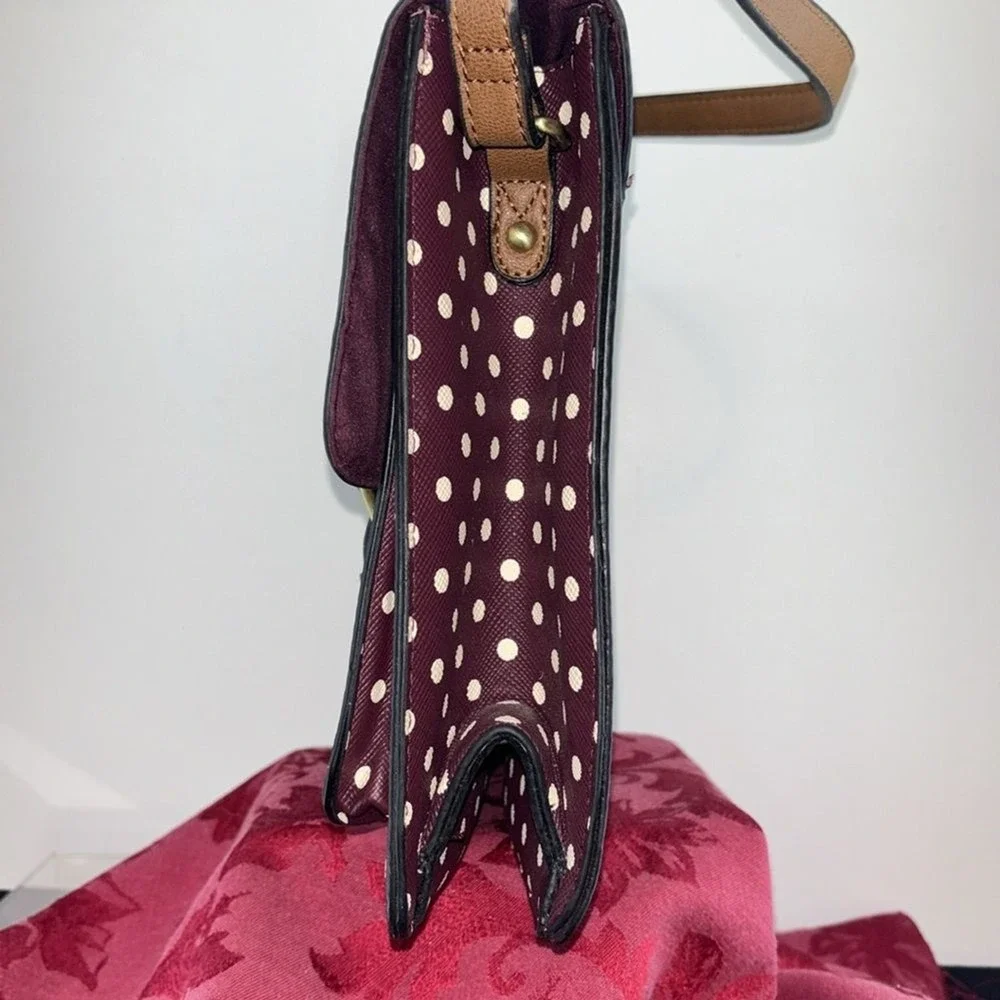 Burgundy Polka Dot Satchel Bag Tan Trim Crossbody Messenger‎ Top Handle Retro